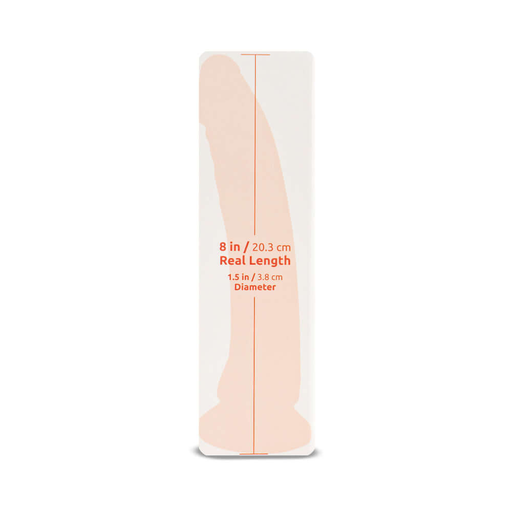 Camtoyz Realistic Dildo Elara 8 inches packaging showing 8 in length and 1.5 in diameter.
