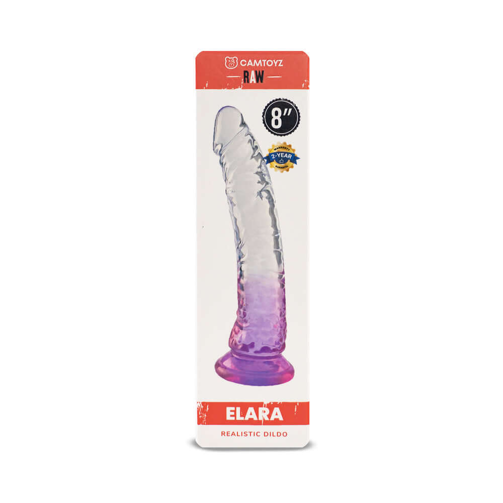 Camtoyz Realistic Dildo Elara 8 inches displayed in packaging with clear and purple colors.