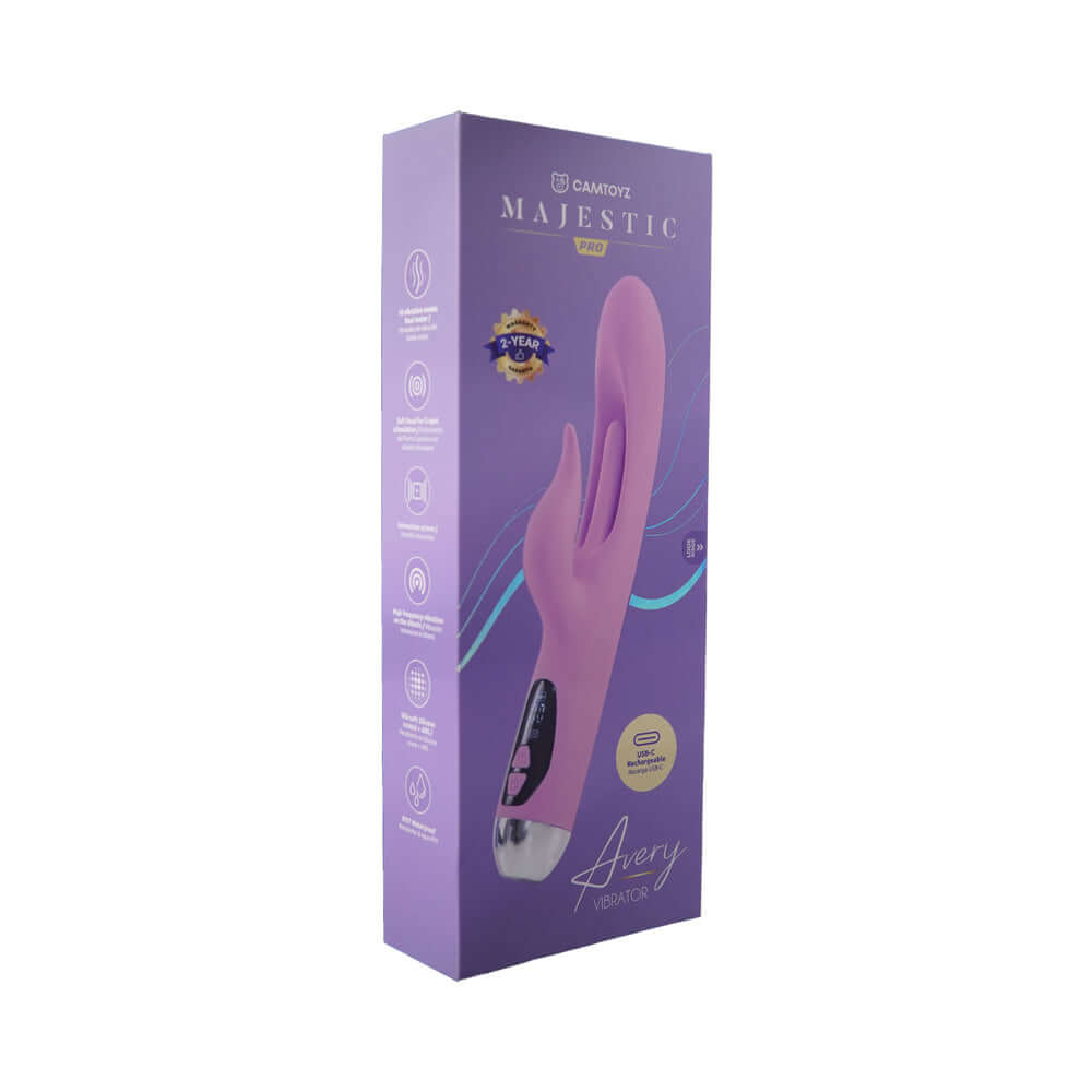 Camtoyz Rabbit Vibrator Usb-c Charging Avery in elegant pink packaging showcasing dual-stimulation features and USB-C charging.