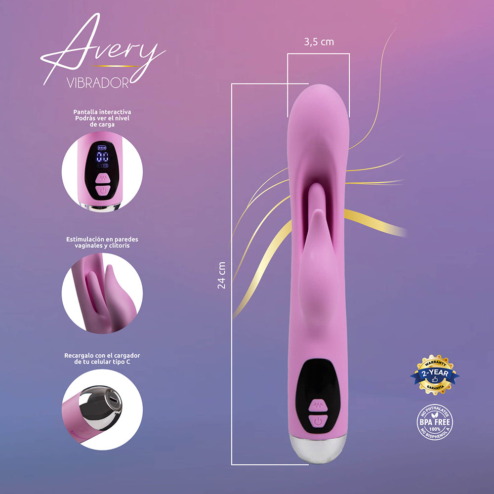 Camtoyz Rabbit Vibrator Usb-c Charging Avery pink dual-stimulation vibrator with interactive panel and USB-C charging.