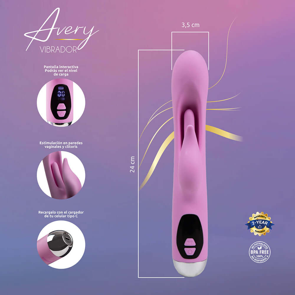 Camtoyz Rabbit Vibrator Usb-c Charging Avery pink dual-stimulation vibrator with interactive panel and USB-C charging.