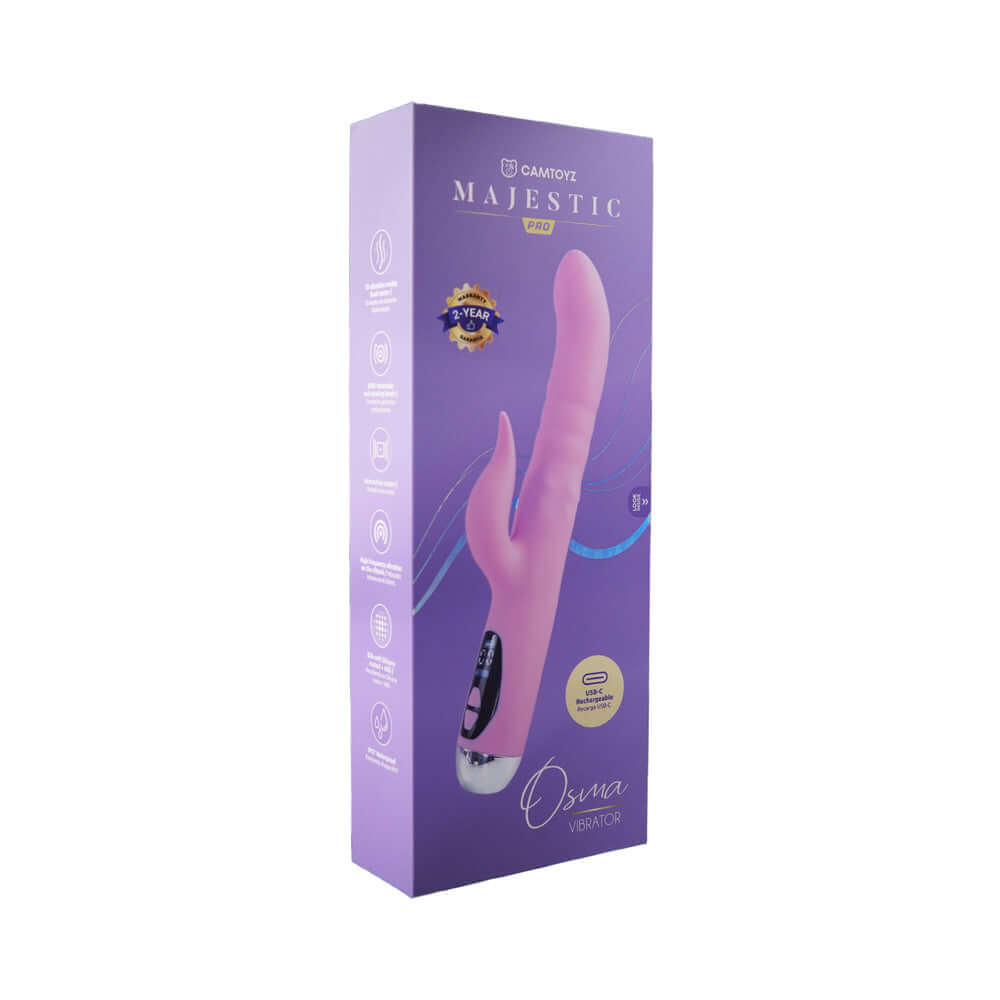 Camtoyz Rabbit Vibrator Usb-c Charging Osma packaging showcasing dual stimulation features and elegant design.