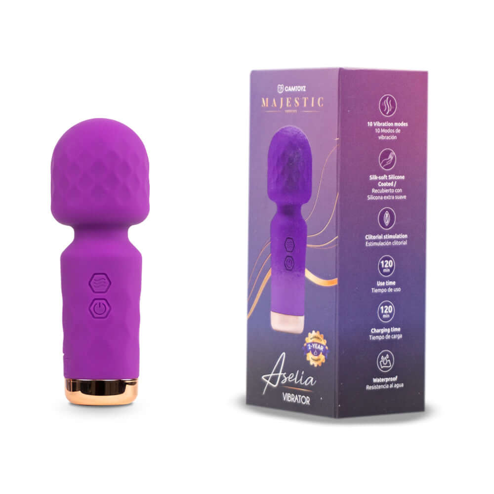 Camtoyz Majestic Aselia Mini Wand Vibrator in purple with packaging, showcasing its ergonomic design and soft-touch silicone.