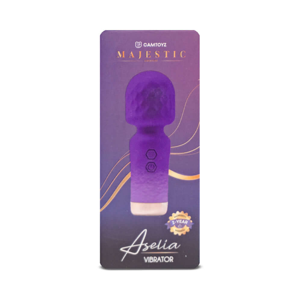 Camtoyz Majestic Aselia Mini Wand Vibrator packaging featuring ergonomic design and soft-touch silicone surface.