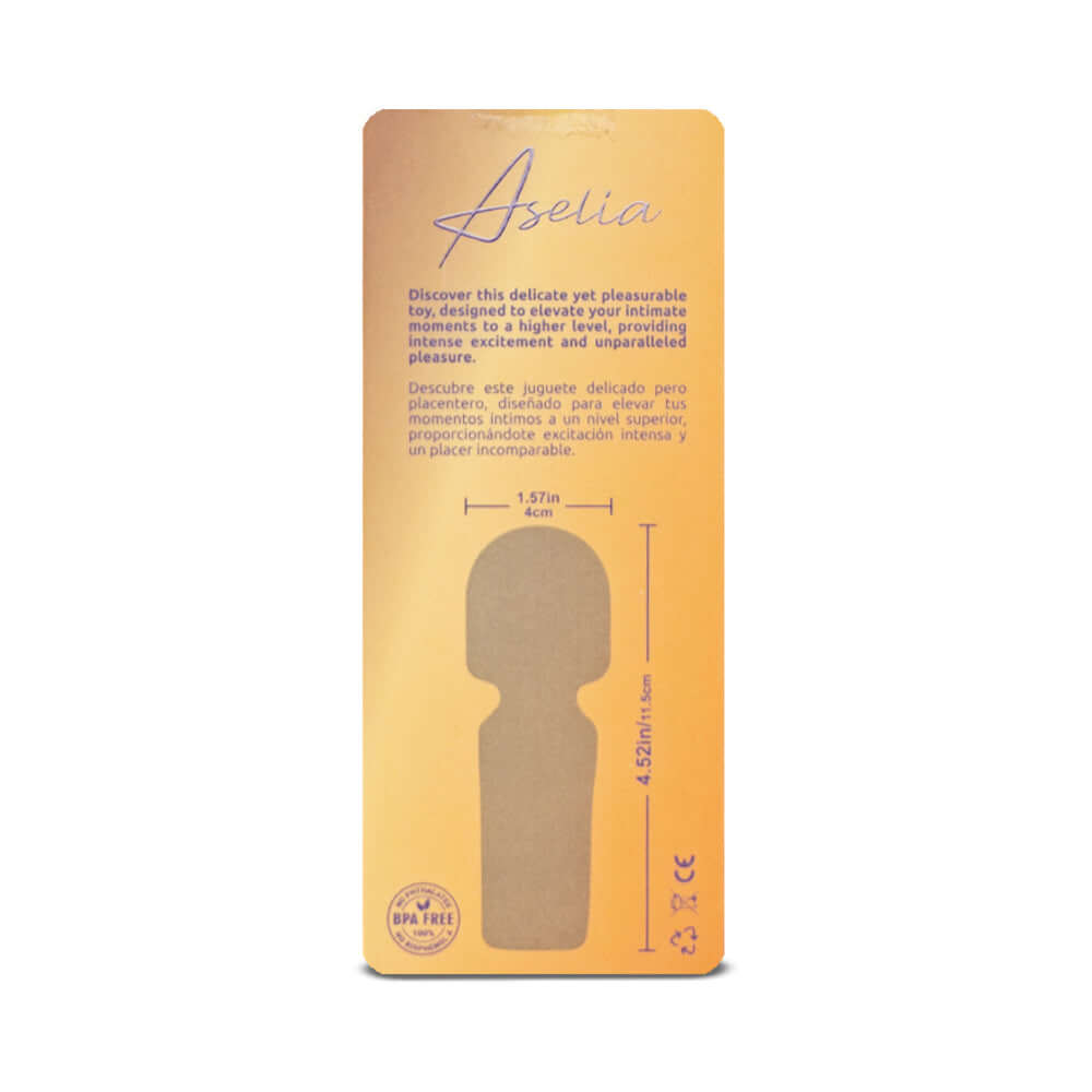 Camtoyz Majestic Aselia Mini Wand Vibrator packaging with dimensions and product description for enhanced pleasure.
