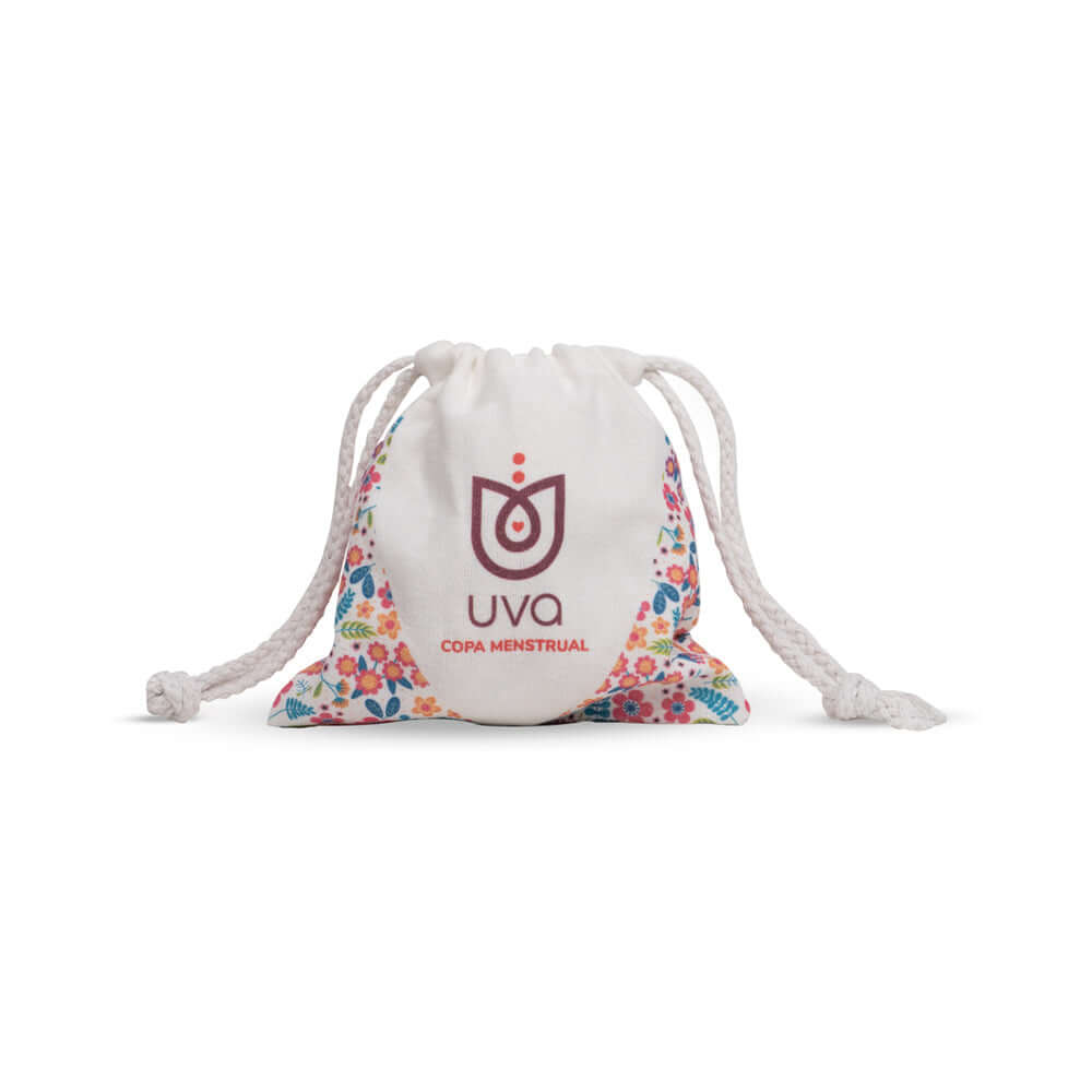 Uva Cup A Menstrual Cup Set storage pouch with floral design and Uva logo for eco-friendly menstrual care.