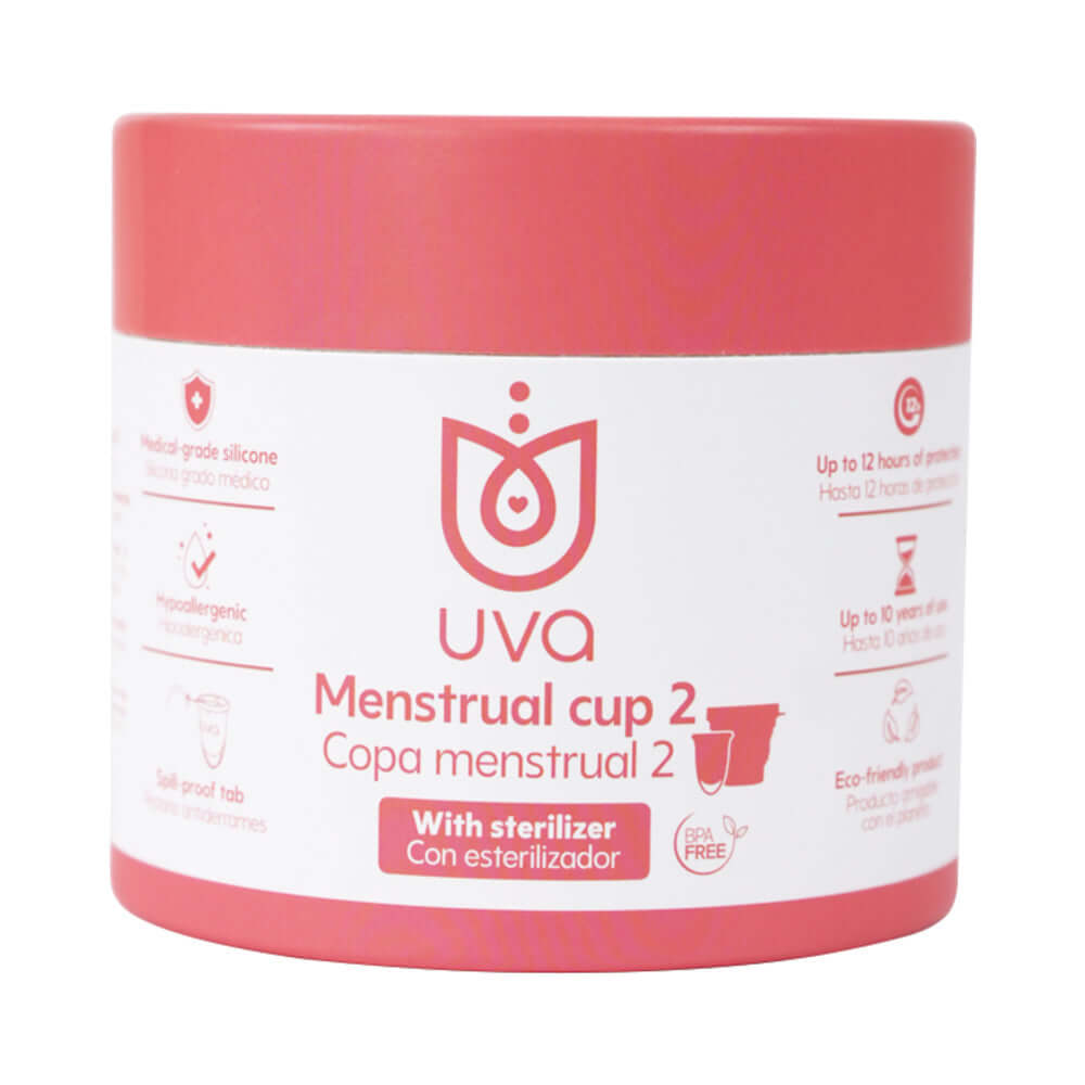 Uva Cup A Menstrual Cup Set packaging showcasing its features and eco-friendly design.