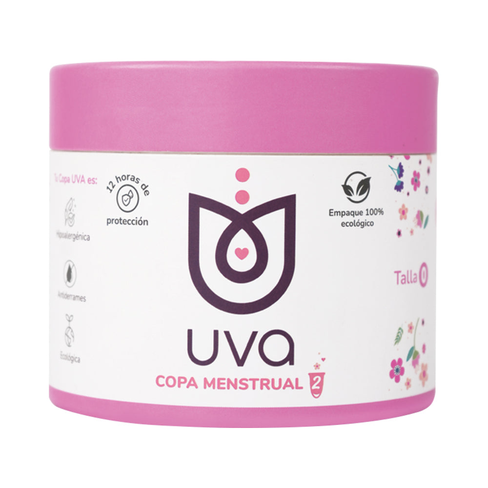 Uva Cup 0 Menstrual Cup Set packaging featuring eco-friendly design and size details.