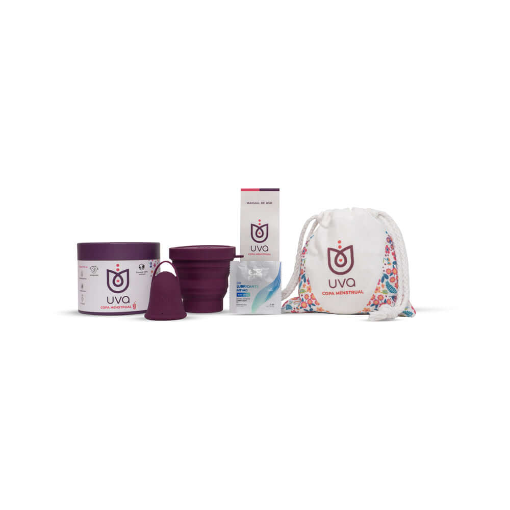 Uva Cup B 25ml Silicone Menstrual Cup Set with accessories including lubricant and carrying bag.