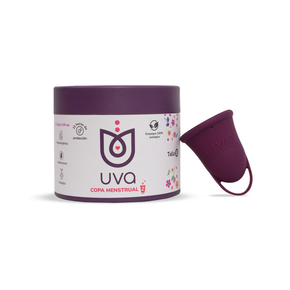 Uva Cup B 25ml Silicone Menstrual Cup Set displayed in packaging with a silicone cup part outside.