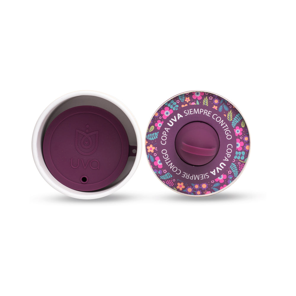 Uva Cup B 25ml Silicone Menstrual Cup Set shown from top and inside, featuring a floral design and soft silicone.