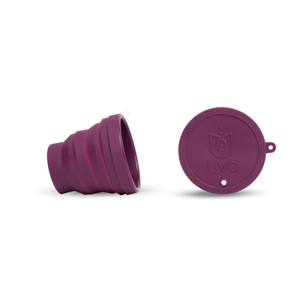 Uva Cup B 25ml Silicone Menstrual Cup Set in purple, featuring a flexible cup and storage lid.