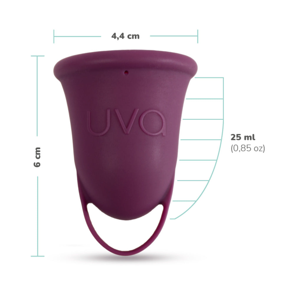 Uva Cup B 25ml Silicone Menstrual Cup Set dimensions with size details, ideal for comfort and discreet use.