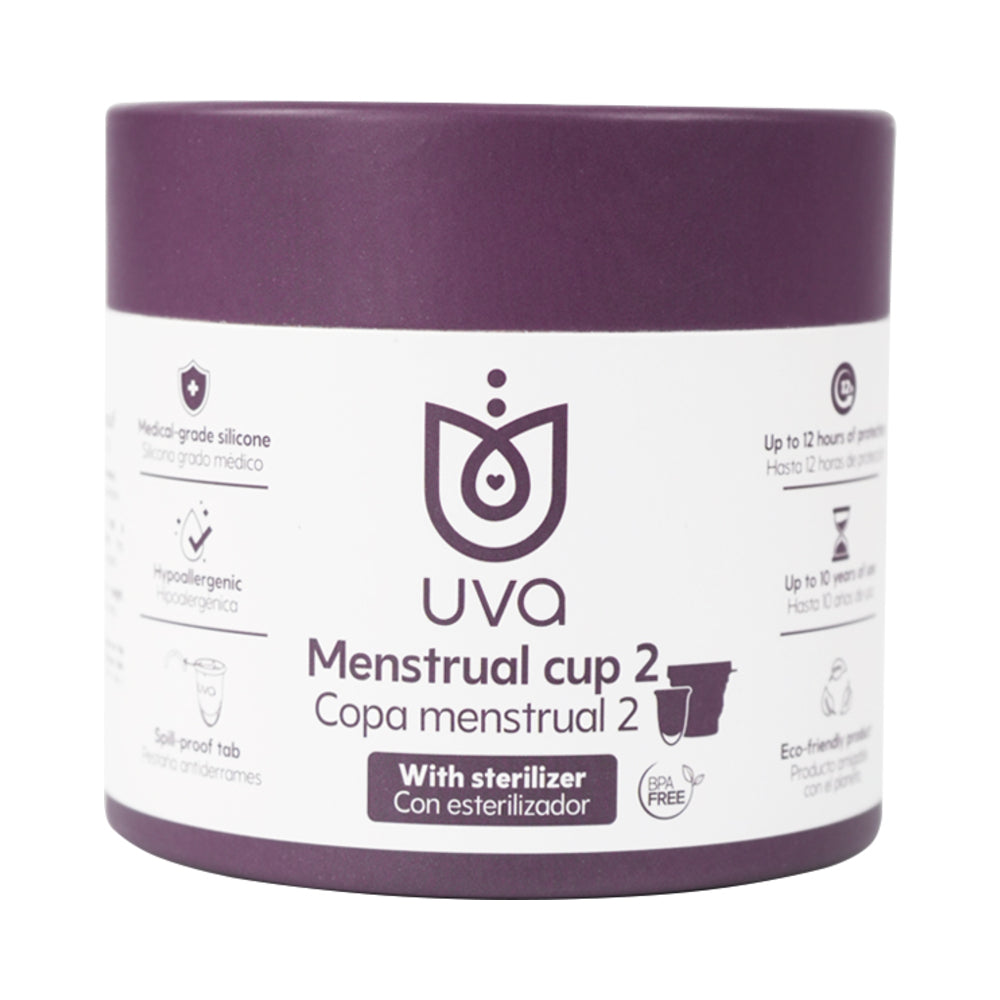 Uva Cup B 25ml Silicone Menstrual Cup Set in eco-friendly packaging with sterilizer for menstrual care.