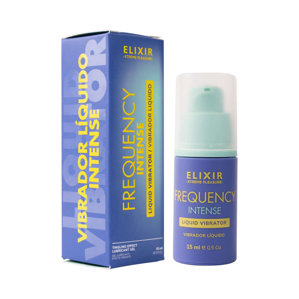 Elixir Frequency Intense Liquid Vibrator 0.5 Oz packaging with pump bottle, designed for enhanced intimacy and stimulation.
