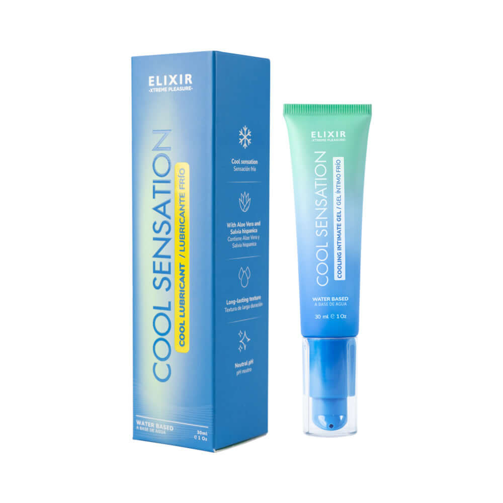 Elixir Cool Sensation Intimate Gel 1 Oz packaging and tube displayed, featuring refreshing water-based lubricant.