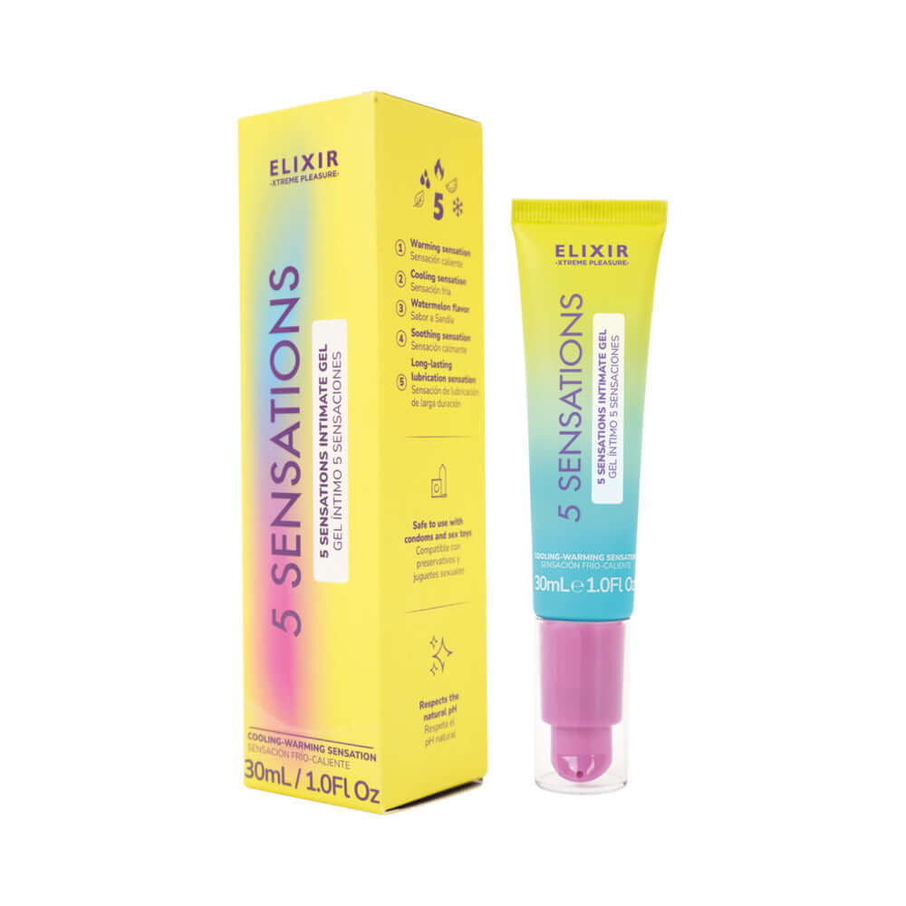 Elixir 5 Sensations Intimate Gel 1 Oz packaging and tube showcasing its five stimulating sensations.