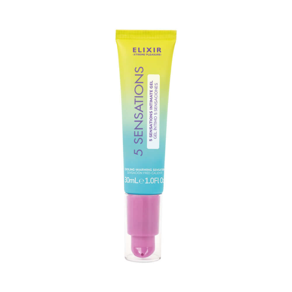 Elixir 5 Sensations Intimate Gel 1 Oz packaging showing vibrant design and easy application for enhanced intimacy.