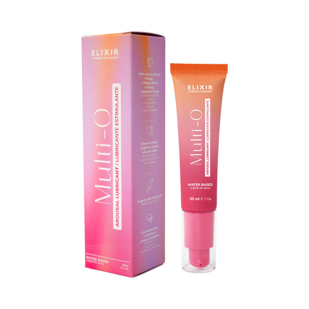 Elixir Multi O Arousal Intimate Gel 1 Oz in packaging, designed to enhance arousal and sensitivity for intimate experiences.
