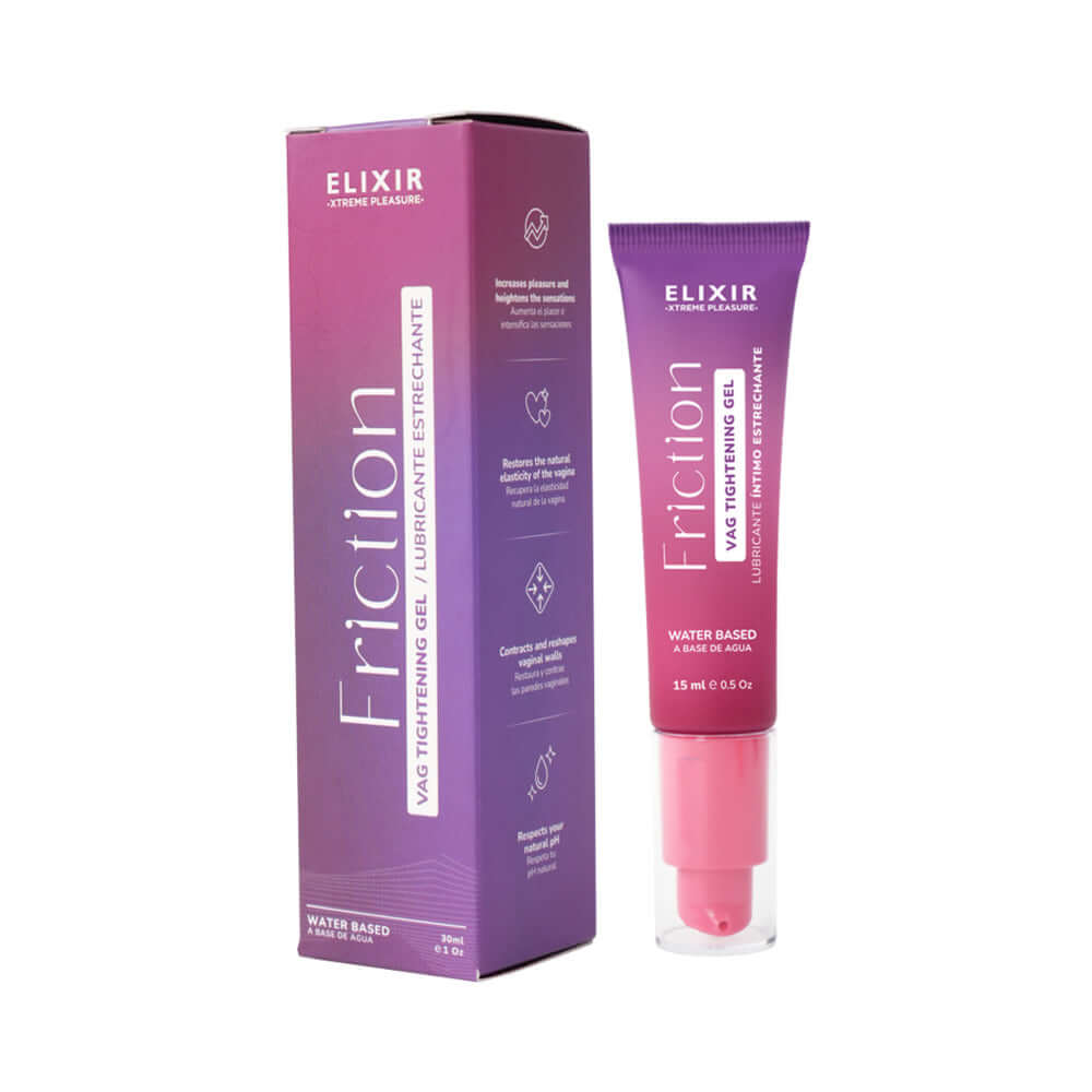 Elixir Friction Tightening Intimate Gel 1 Oz packaging and tube, enhancing comfort and sensation during intimate moments.