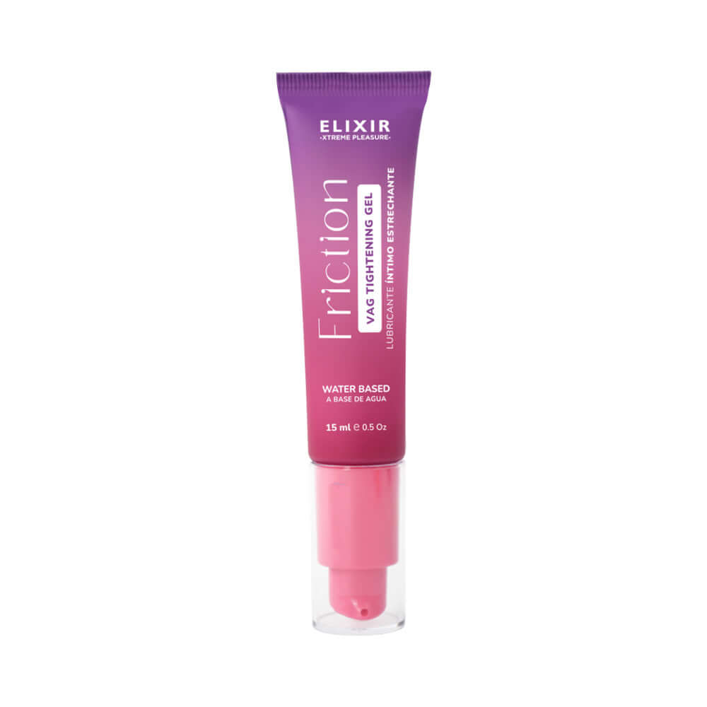 Elixir Friction Tightening Intimate Gel 1 Oz packaging with water-based formula for enhanced intimate comfort.