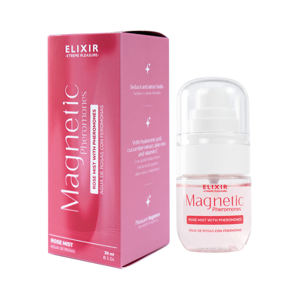 Elixir Magnetic Rose Mist With Pheromones 1 Oz product packaging and spray bottle on a white background.