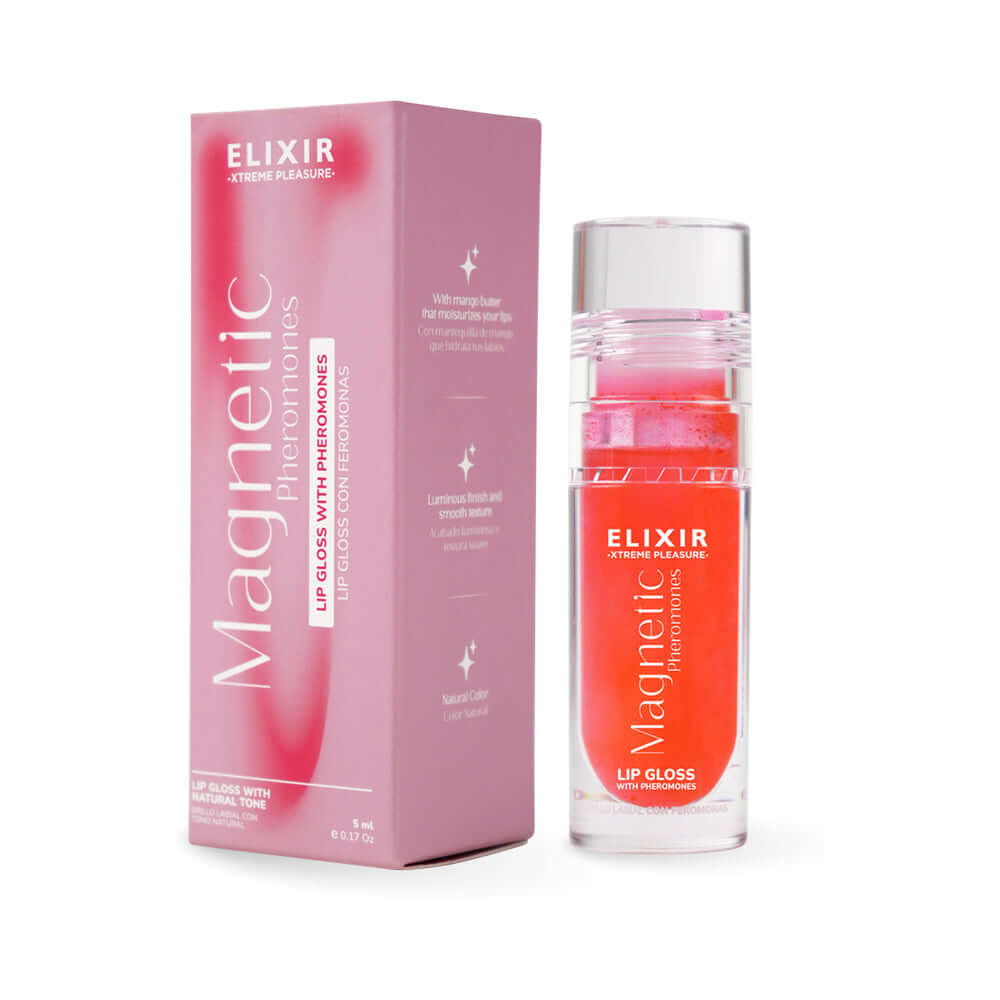 Elixir Magnetic Lip Gloss With Pheromones 0.17 Oz in clear tube with packaging, showcasing its luxurious shine and hydration.