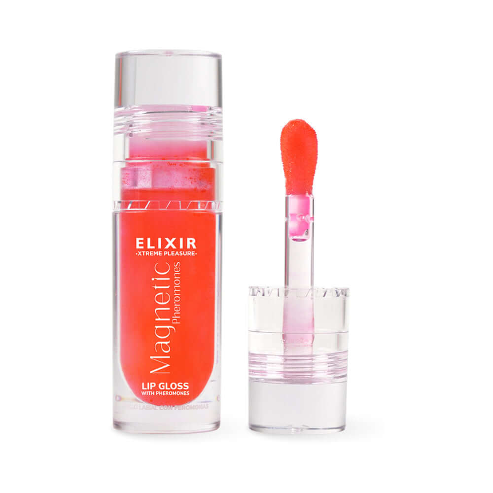 Elixir Magnetic Lip Gloss With Pheromones 0.17 Oz featuring a vibrant pink shade and applicator.