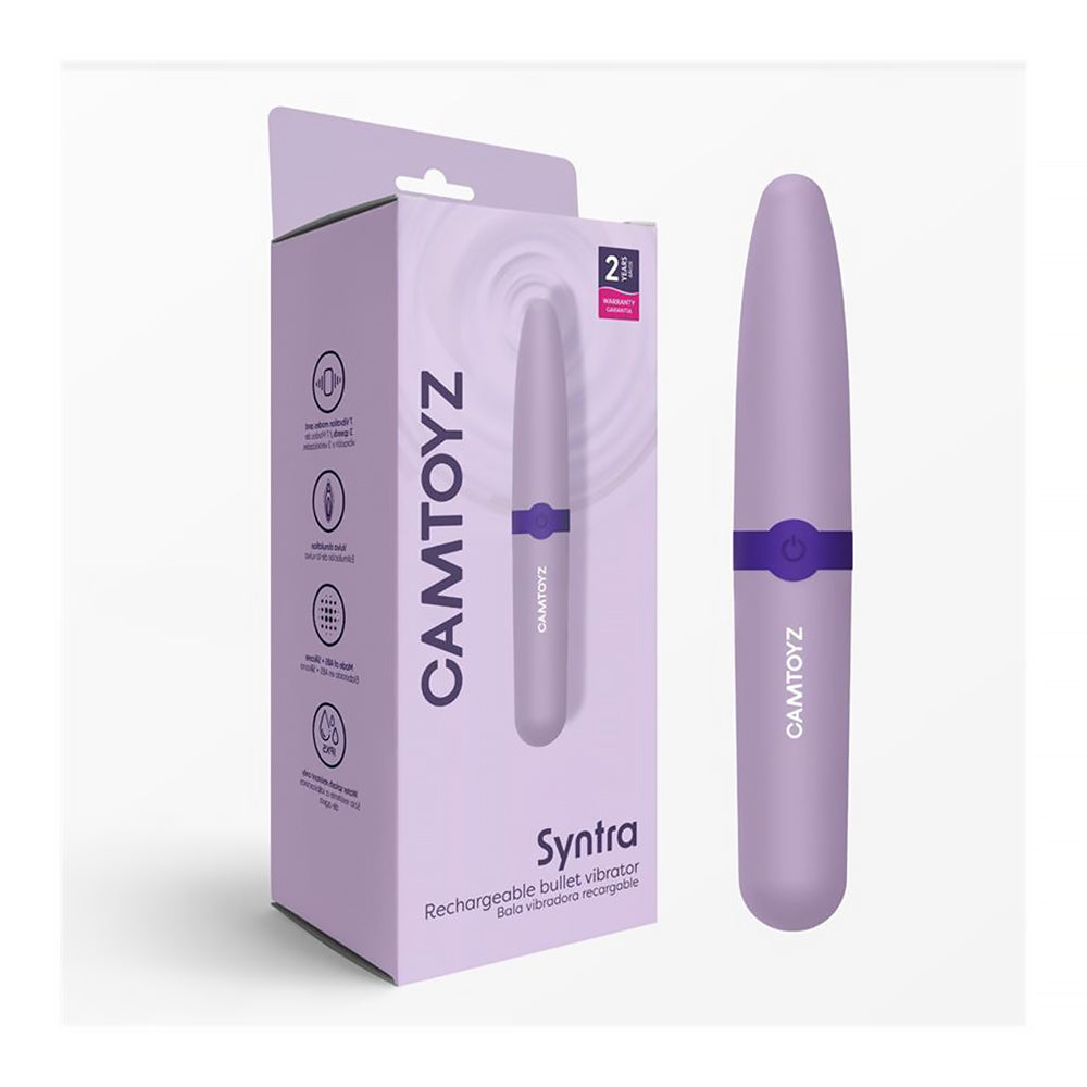 Camtoyz Syntra Rechargeable Bullet Vibrator in sleek packaging with product on display.