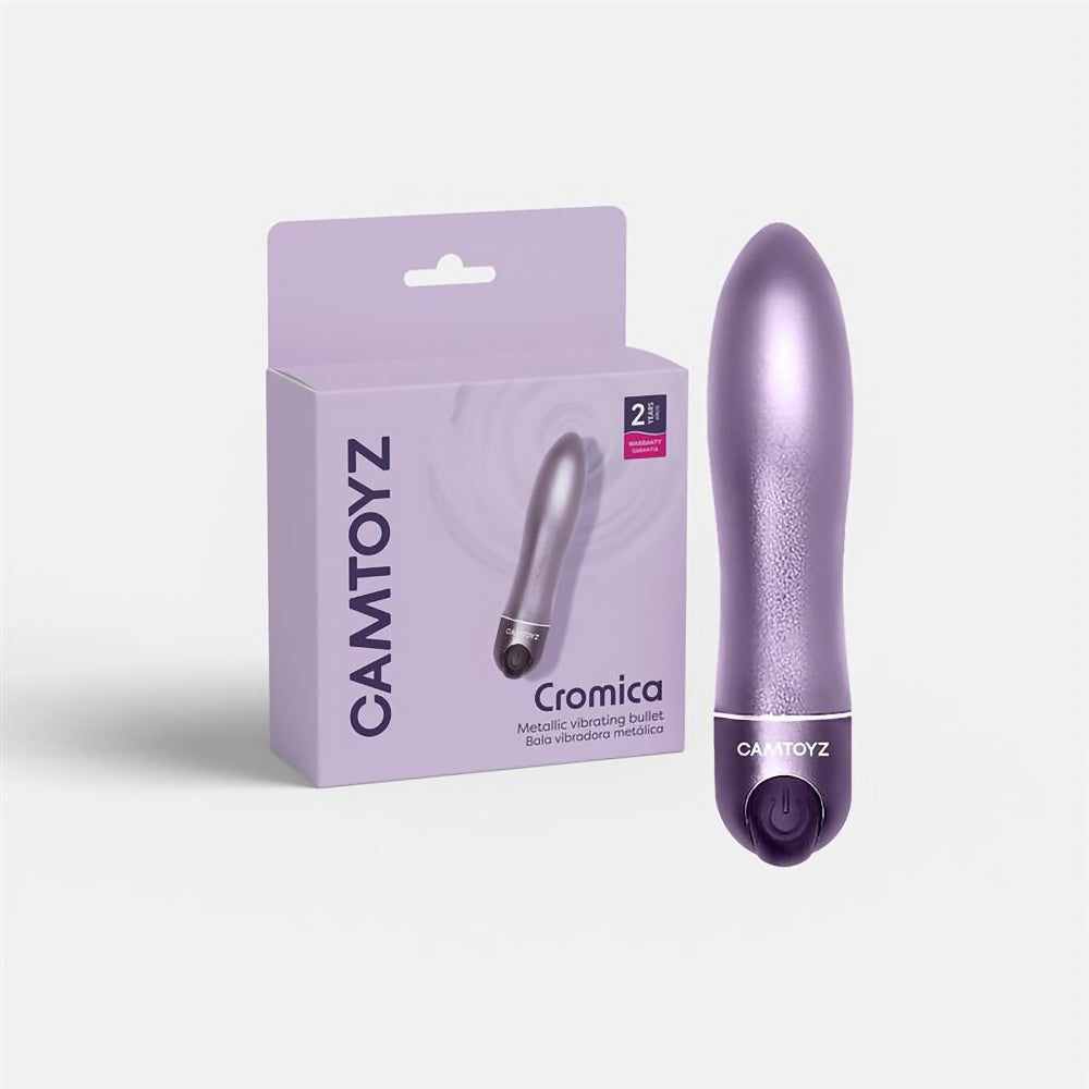 Camtoyz Cromica Metallic-look Bullet Vibrator in sleek packaging, showcasing its premium metallic design and travel-friendly style.