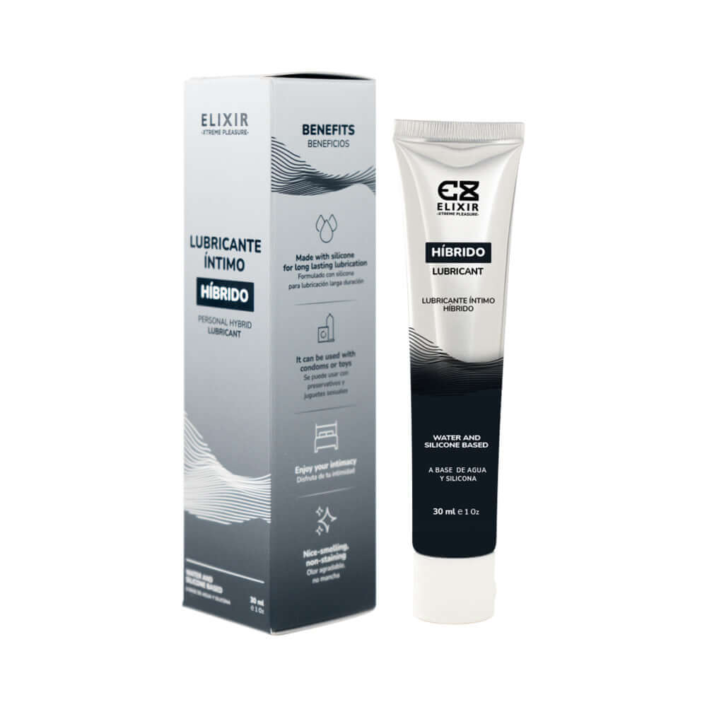 Elixir Personal Hybrid Lubricant 30 ml packaging and tube, hybrid water and silicone-based lubricant.