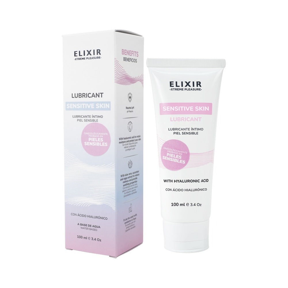Elixir Lubricant Sensitive Skin 3.4 Oz product packaging and tube image for sensitive intimate care.
