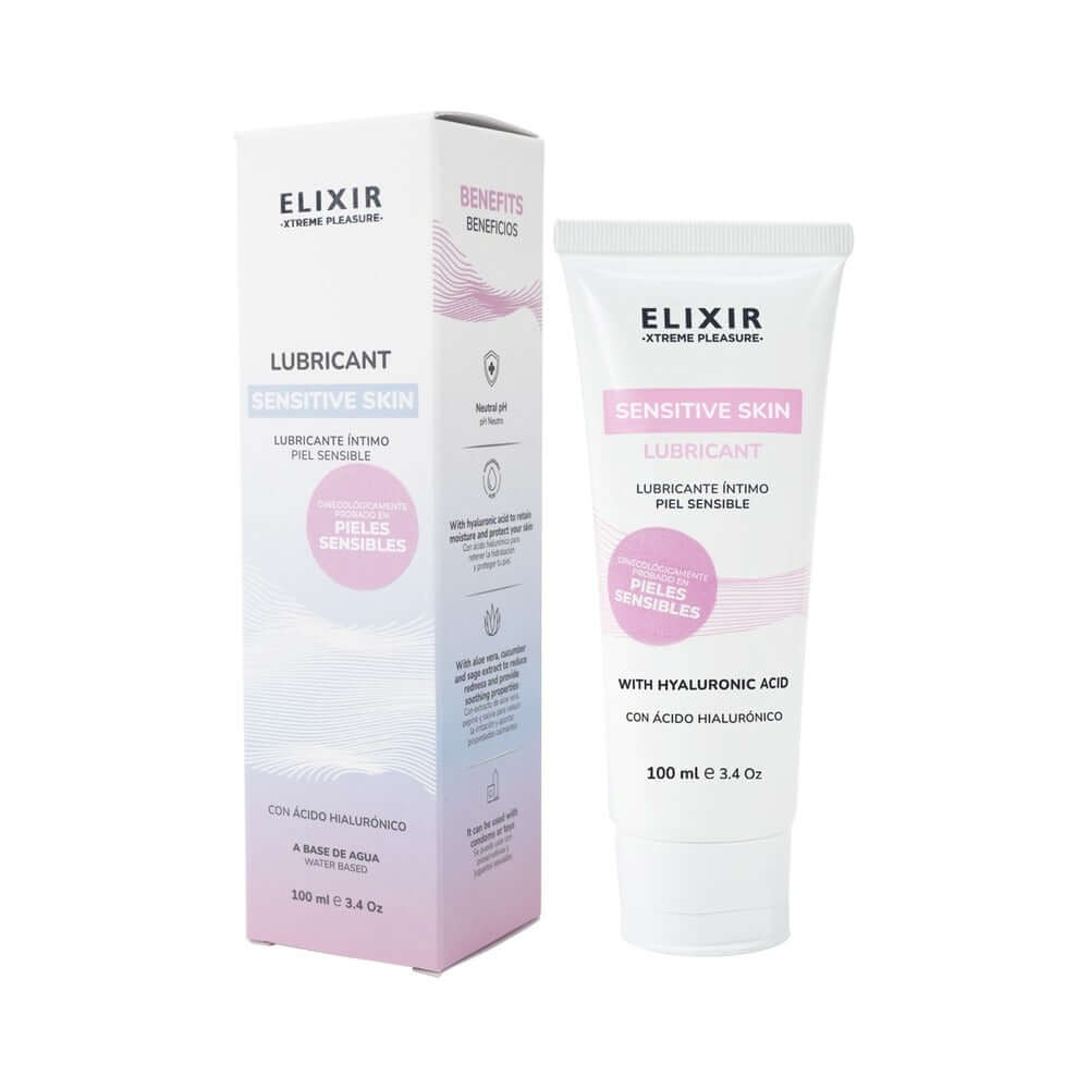 Elixir Lubricant Sensitive Skin 3.4 Oz product packaging and tube image for sensitive intimate care.