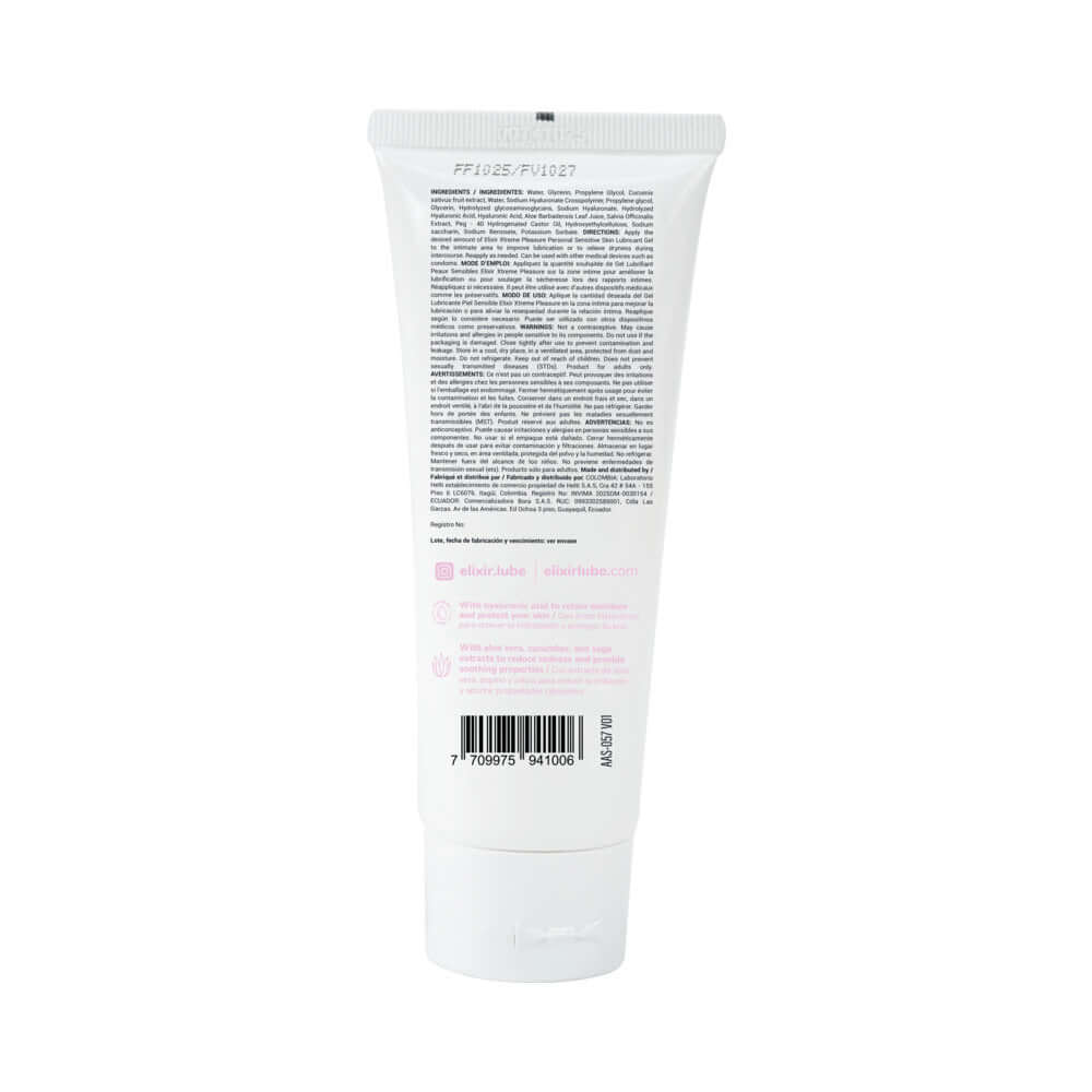 Elixir Lubricant Sensitive Skin 3.4 Oz tube back view with ingredient details and barcode.