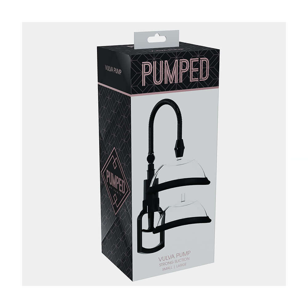 Pumped Manual Vulva Pump Black packaging showcasing adjustable vacuum suction and interchangeable vulva cups.