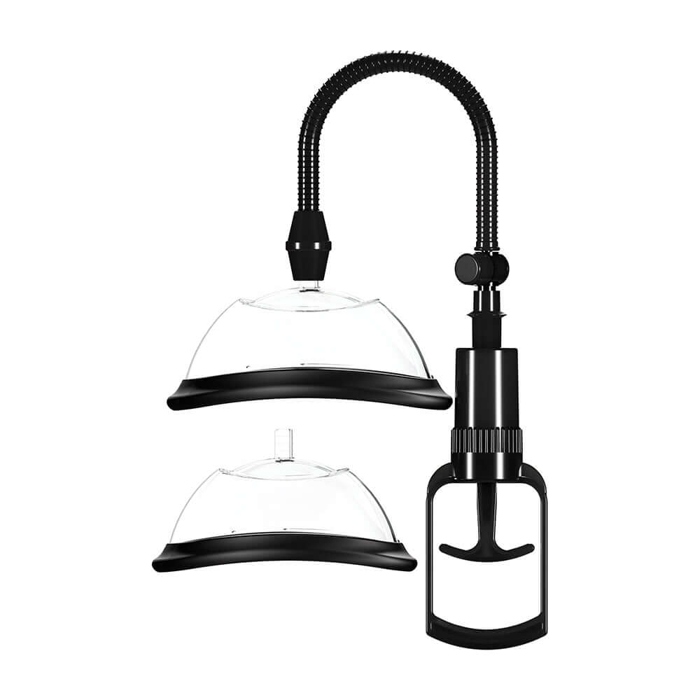Pumped Manual Vulva Pump Black components including suction cups and hand pump for adjustable vacuum control.
