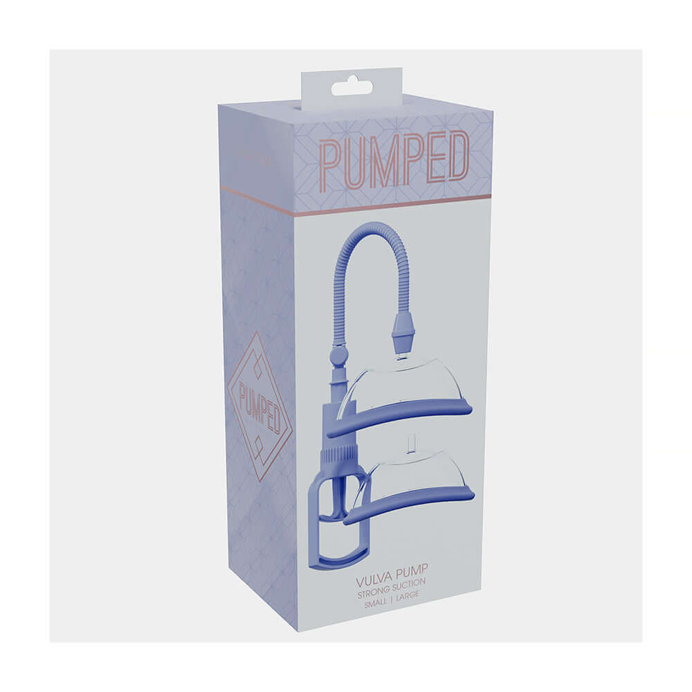 Image of Pumped Manual Vulva Pump Lavender packaging showcasing two interchangeable cup sizes and easy-to-use hand pump.