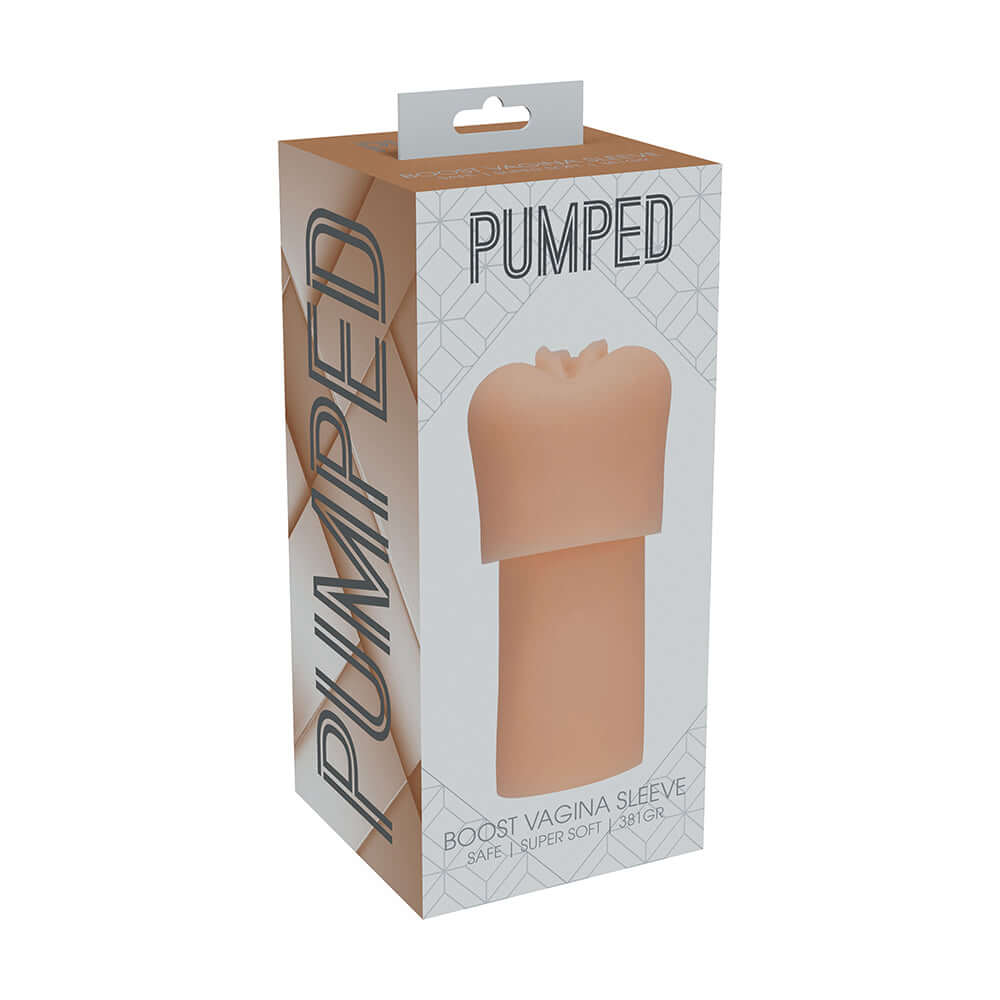 Pumped Vagina Pump Sleeve 381 Gr Beige packaging showcasing its design and features.