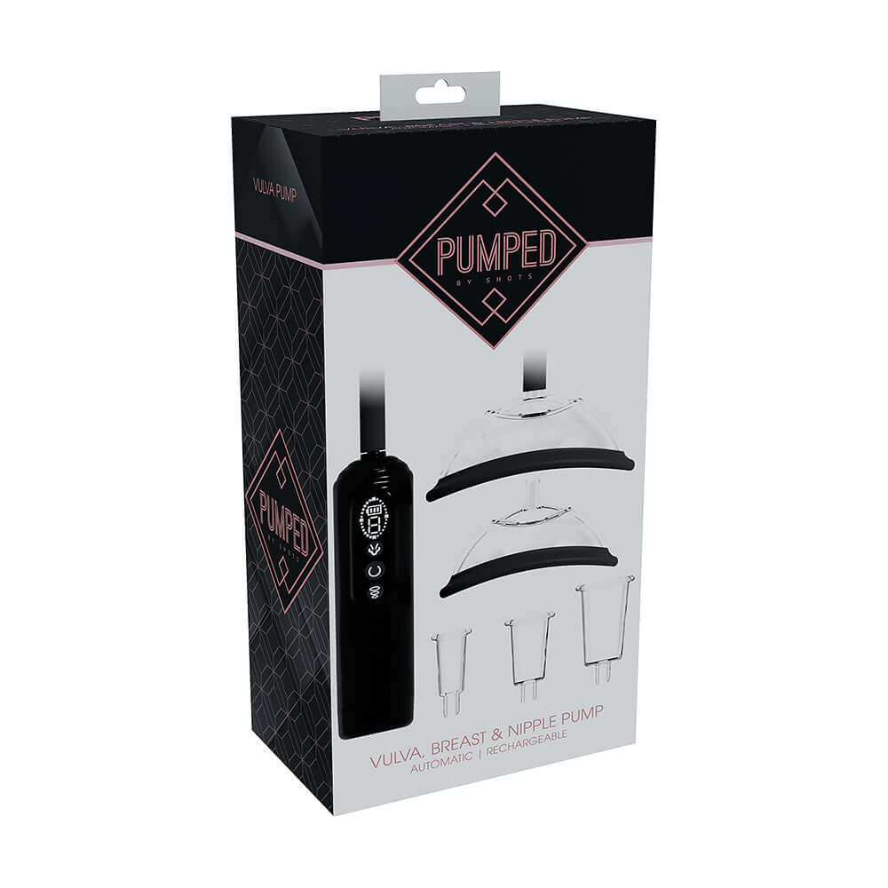 Pumped Automatic Vulva Breast & Nipple Pump Black packaging featuring the product and instructional components.