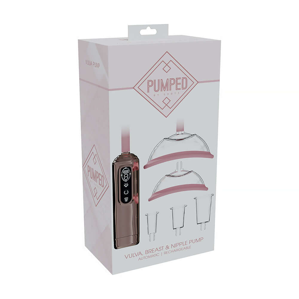 Pumped Automatic Vulva Breast Nipple Pump Rose Gold packaging featuring cups and pump design.