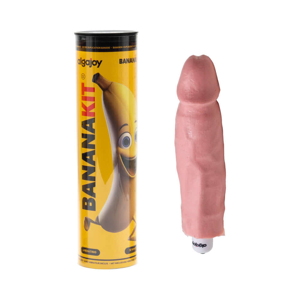 Bananakit Complete DIY Vibrating Kit Pink beside packaging showing banana character design.