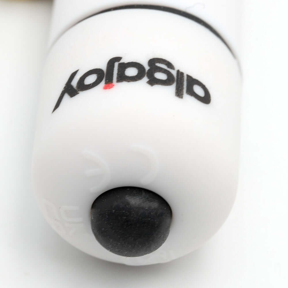 Close-up of a white marker with a black tip, featuring the logo "adigloy" prominently displayed.