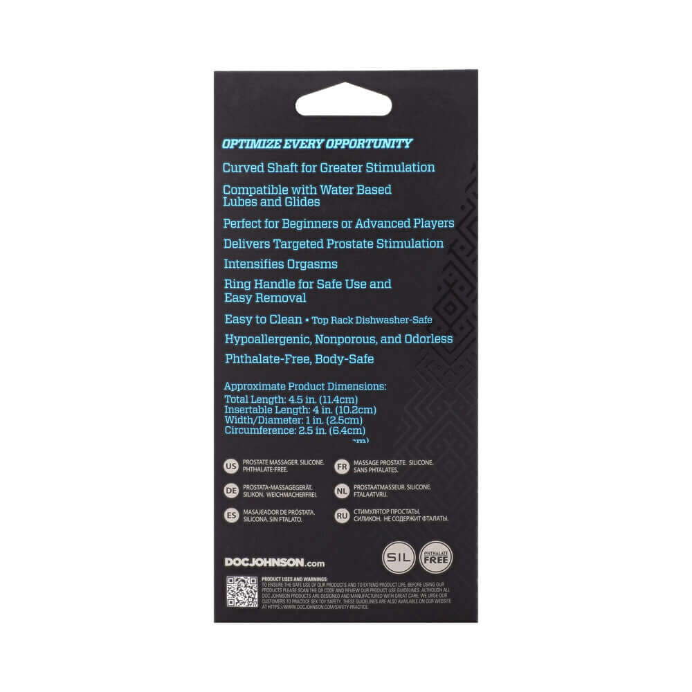 Back packaging of Optimale Zig Zag Silicone P-massager Black highlighting features and usage instructions.