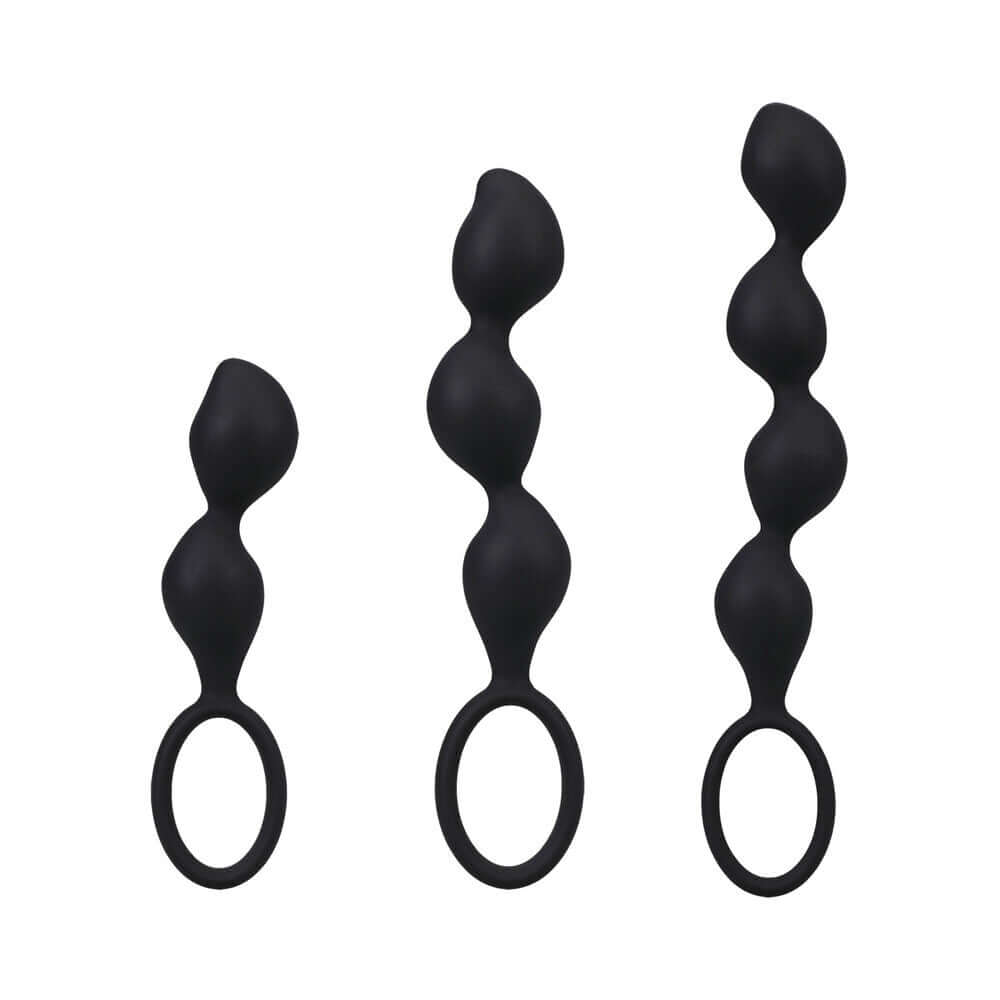 Mood Naughty Contour Beads Trainer Set Black showing three uniquely shaped butt plugs in graduated sizes.