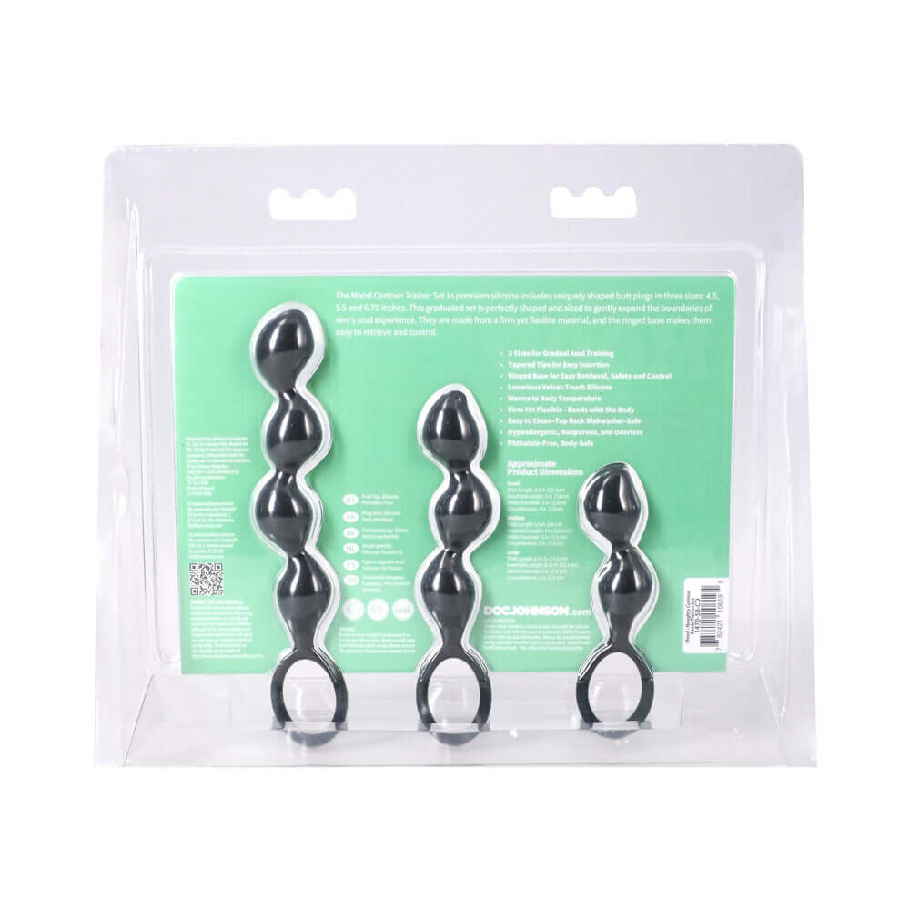 Mood Naughty Contour Beads Trainer Set Black with three graduated butt plugs in packaging.