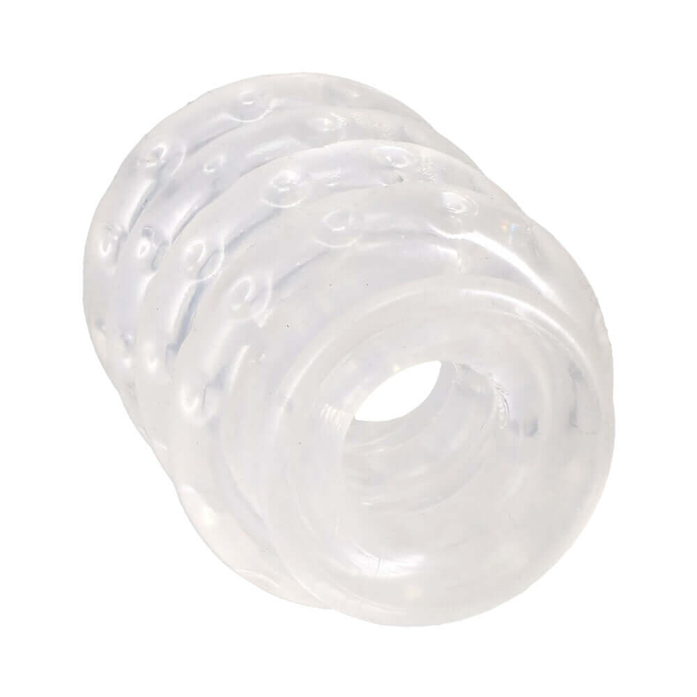 Rock Solid Ball Stretcher Multi-ring System Clear flexible rings for enhanced size and prolonged erections.