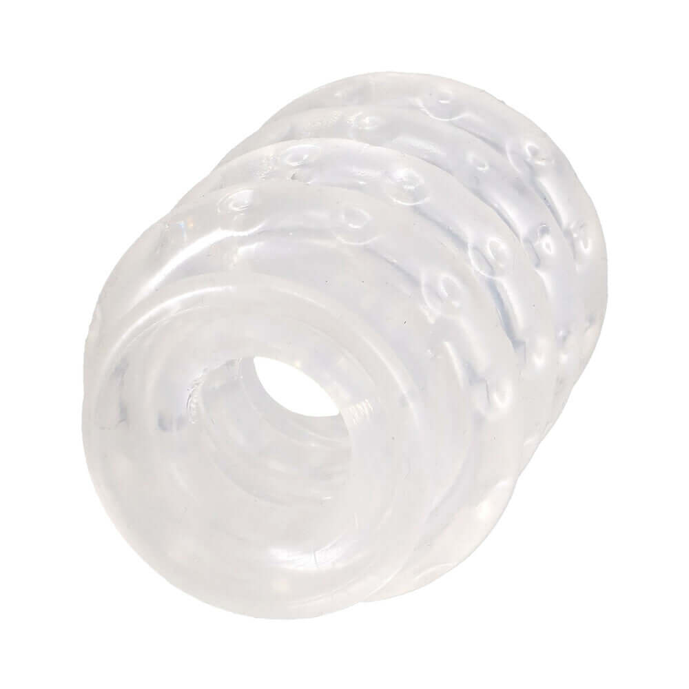 Rock Solid Ball Stretcher Multi-ring System Clear showing flexible rings stacked for customizable experience.