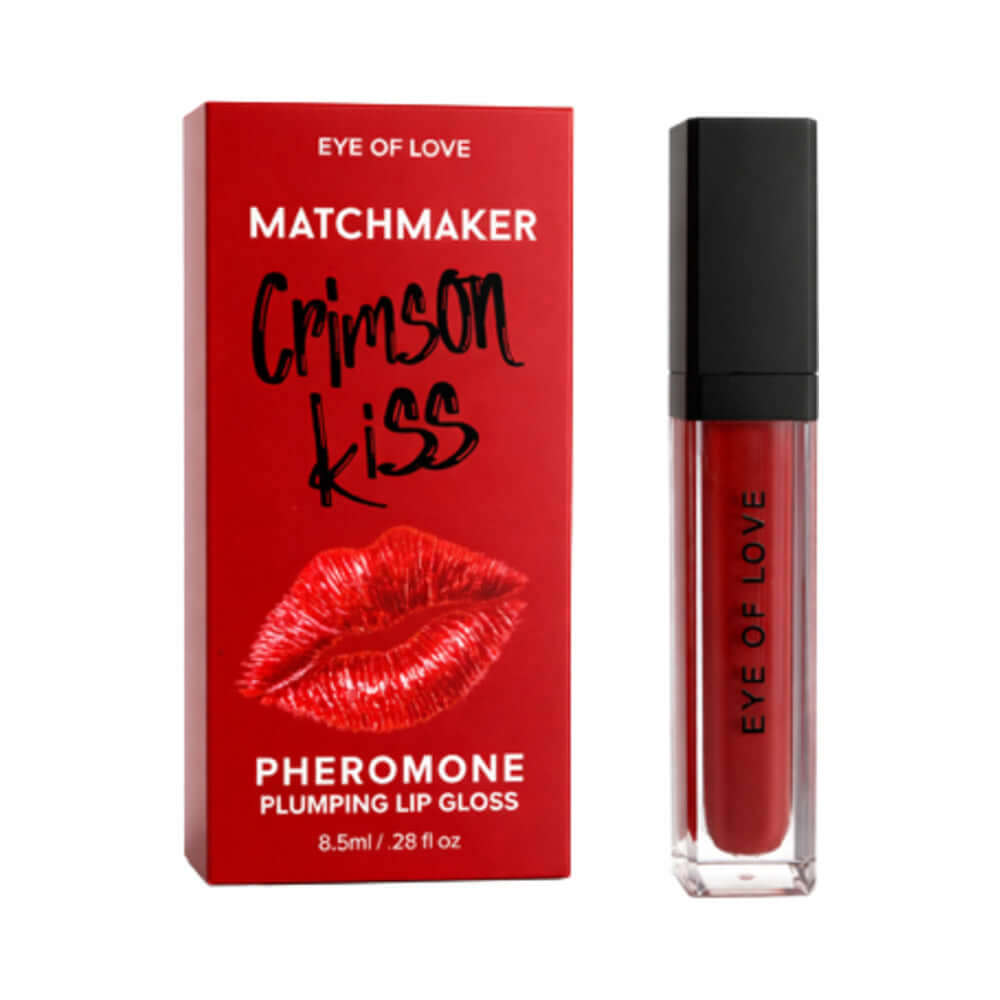 Eye Of Love Matchmaker Pheromone Plumping Lip Gloss Crimson Kiss packaging and tube showing vibrant red color