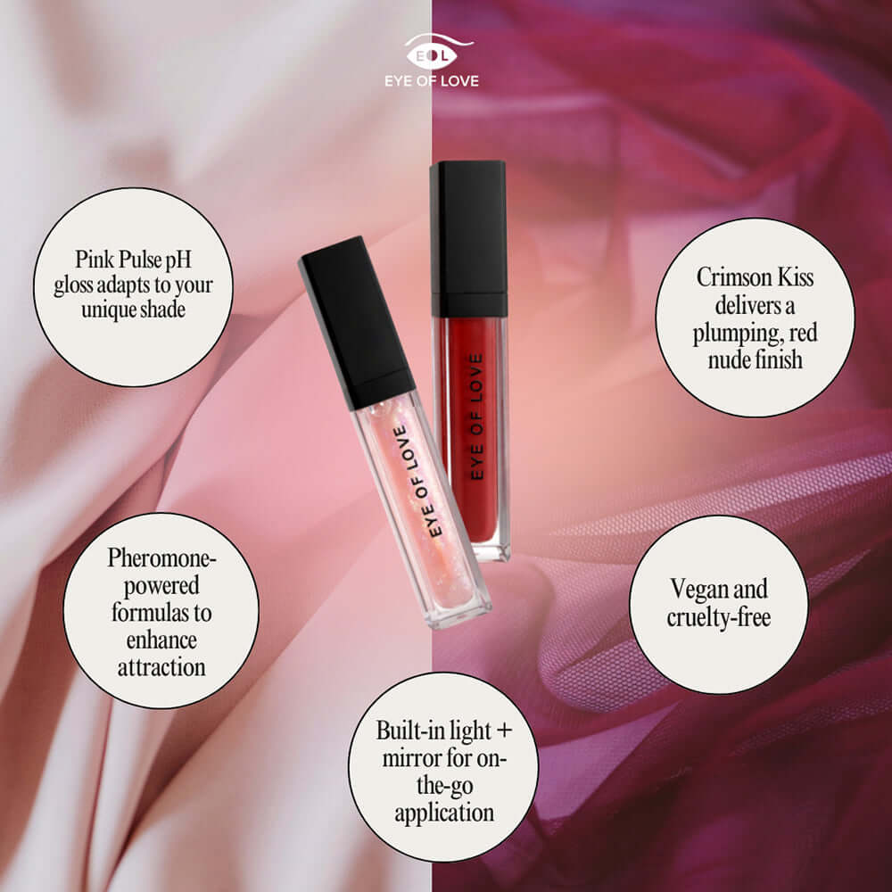 Eye Of Love Matchmaker Pheromone Plumping Lip Gloss Crimson Kiss and Pink Pulse on a soft fabric background.