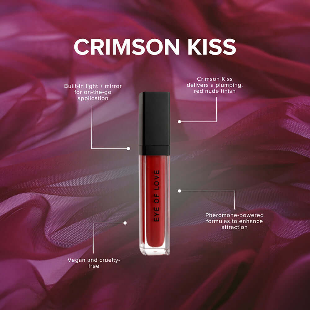 Eye Of Love Matchmaker Pheromone Plumping Lip Gloss Crimson Kiss in a sleek tube with on-the-go application features.
